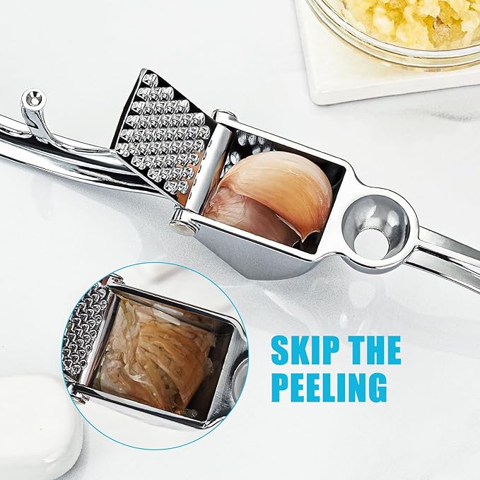 Garlic Press, Premium Kitchen Garlic Mincer Tool, Rust Proof & Dishwasher Safe, Heavy Duty Professional Metal Garlic Crusher with Ergonomic Handle, Easy to Squeeze and Clean -Silver