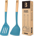Silicone Wok Spatula Turner Set, Perfect for Scooping, Flipping, Lifting Pancakes and Picking up Veggies, BPA-Free Matte Silicone, Wooden Handles, Safe for Nonstick Cooking Surfaces (Blue)