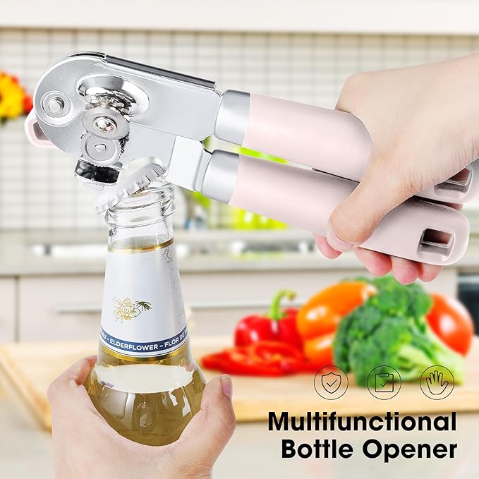 Beneno Heavy Duty Hand Can Opener Manual with Magnet, Durable Sharp Carbon Steel Blade Smooth Cutting, Big Effort-Saving Knob & Soft Grip Handle, Multifunctional Bottle Opener, Light Pink