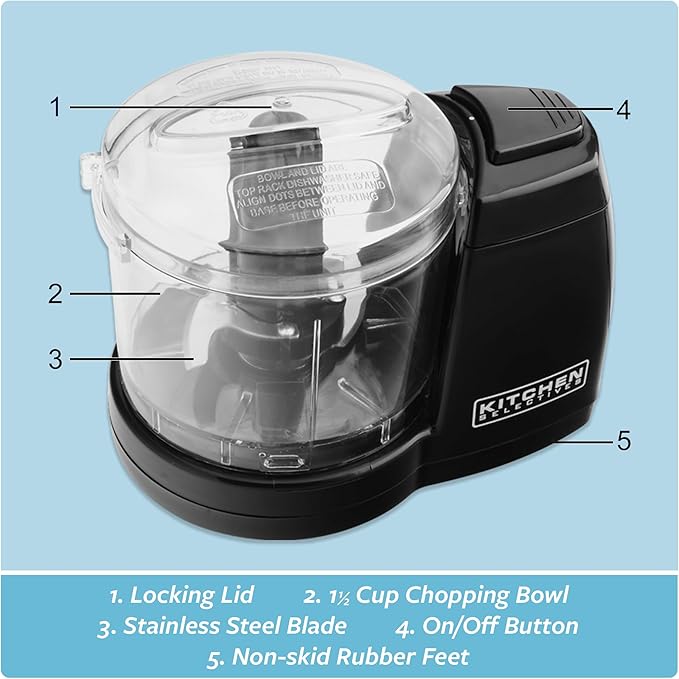 Kitchen Selectives Mini Chopper by Select Brands - Mini Electric Food Chopper for Kitchen Appliances - Features Dishwasher-Safe Parts - Chops, Minces & Dices - 1-1/2 Cups, Black