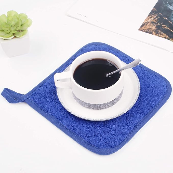 100% Cotton Kitchen Everyday Basic Terry Pot Holder Heat Resistant Coaster Potholder for Cooking and Baking Set of 5 Navy Blue