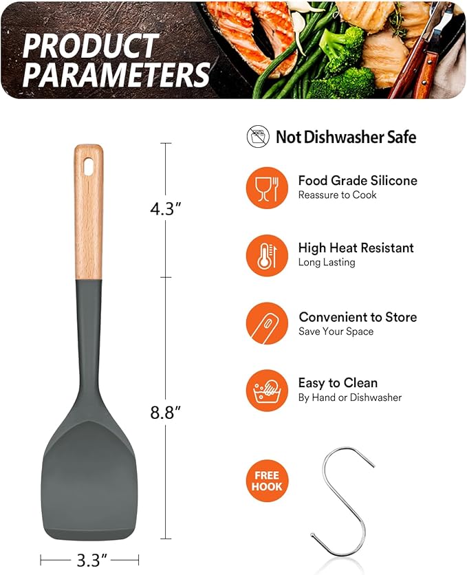 Nonstick Silicone Spatula, Non Scratch Flexible Edge for Pans, Slip Resistant comfortable Wooden Handle, Heat Resistant BPA-Free Kitchen Spatulas for Cooking, 13.2 Inch, Grey