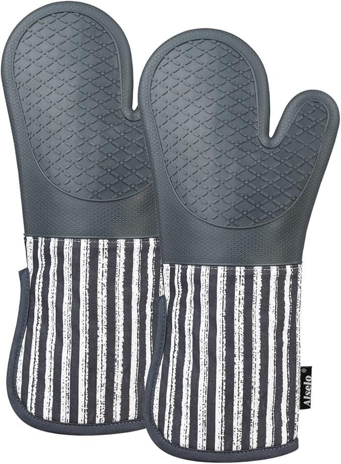 Silicone Oven Mitts Heat Resistant 932℉ with Waterproof & Non-Slip Kitchen Mittens, Set of 2 Extra Long Oven Gloves with Soft Cotton Terry Lining for Baking Cooking Barbecue