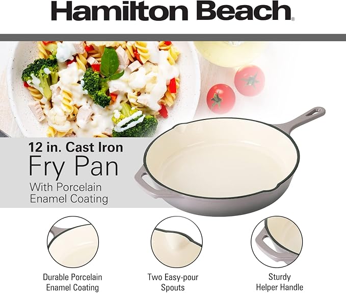 Hamilton Beach Enameled Cast Iron Fry Pan 12-Inch Gray, Cream Enamel coating, Skillet Pan For Stove top and Oven, Even Heat Distribution, Safe Up to 400 Degrees, Durable