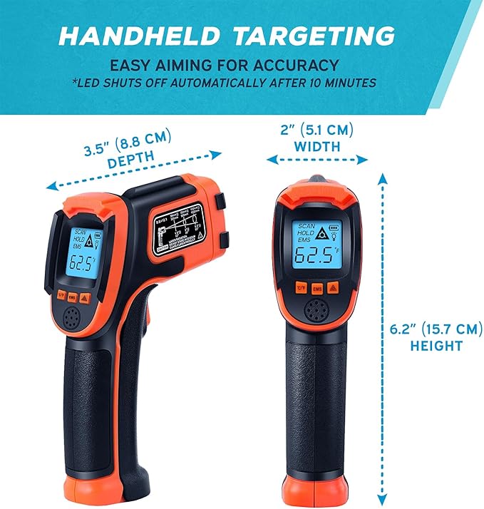 Kizen Infrared Temperature Gun - Handheld Surface Infrared Thermometer for Griddle, Grill, Pizza Oven, Candy, & A/C - Laser Thermometer Gun -58F to 1112F - Surface Temp Gun