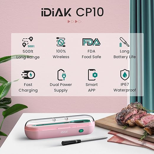 Wireless Meat Thermometer for Grilling and Smoking, CP10 500FT Meat Probe Thermometers, Smart Food Thermometer Probe for BBQ, Oven, Grill, Smoker, Sous Vide Gifts for Mom, Wife - Pink