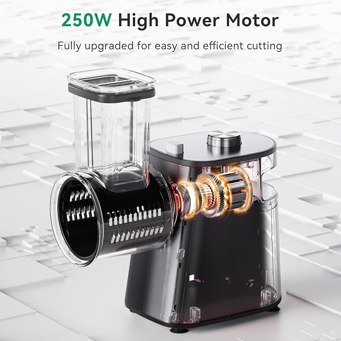 Electric Cheese Grater Upgraded, 250W Electric Slicer Shredder, Automatic Cheese Shredder, Electric Salad Machine for Fruits, Vegetables, Cheeses，Salad Maker With 5 Different Shapes of Blades