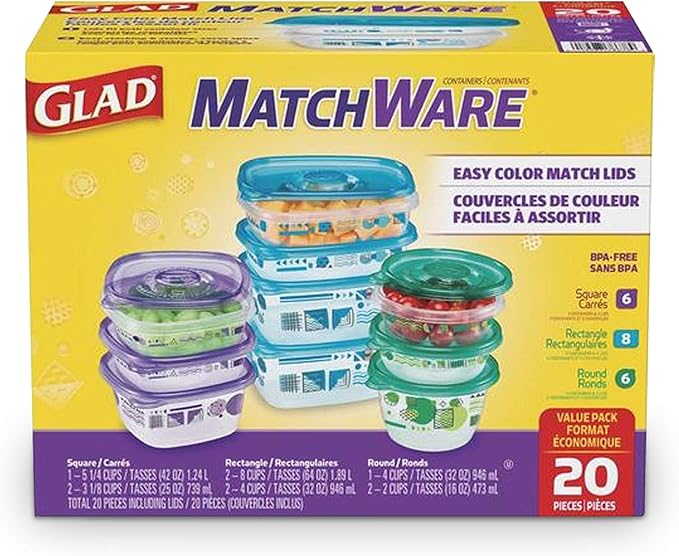 Glad GladWare Matchware Food Storage Containers, Value Pack - BPA Free Containers and Lids in a Variety of Sizes to Hold and Store Food - With Glad Lock Tight Seal, 20 Count