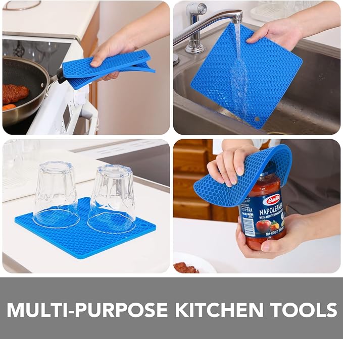 Joyhalo Trivets for Hot Dishes - Hot Pads for Kitchen, Silicone Pot Holders for Hot Pots and Pans, Silicone Mats for Kitchen Countertops, Table, Flexible Easy to Wash and Dry, True Blue