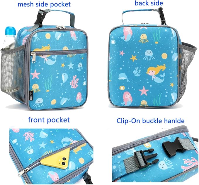 FlowFly Kids Lunch box Insulated Soft Bag Mini Cooler Back to School Thermal Meal Tote Kit for Girls, Boys, Mermaid
