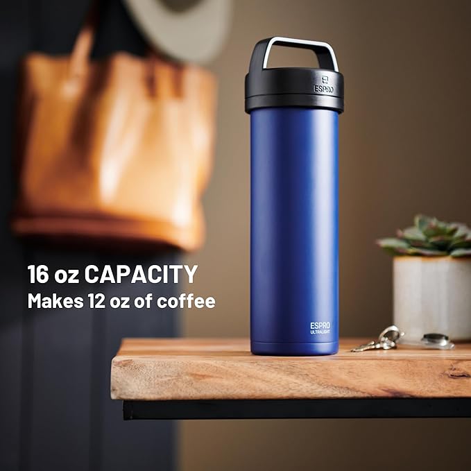 ESPRO P0 Ultralight French Press Coffee Maker for Travel, Vacuum Insulated Stainless Steel, 16 Ounces, Blue