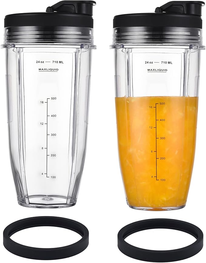 Replacement 24oz Cups for Nutri Ninja Blenders, Blender Replacement Parts with Upgraded Lid for BL450 BL454 BL480 BL482 BL640 BL642 BL682 BN801 SS101 SS351 SS401, Ninja Blender Auto IQ Blade, 2 Packs