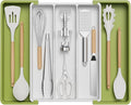 Lifewit Utensil Organizer for Kitchen Drawers, Expandable Cooking Utensil Tray, Adjustable Cutlery Silverware Flatware Holder, Spatula Tools and Gadgets Storage Divider, 13"-22.4" x 15", Green&White