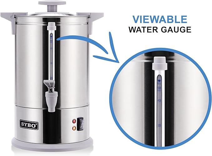 SYBO Commercial Grade Stainless Steel Percolate Coffee Maker Hot Water Urn for Catering, 100-Cup 16 L, Grey