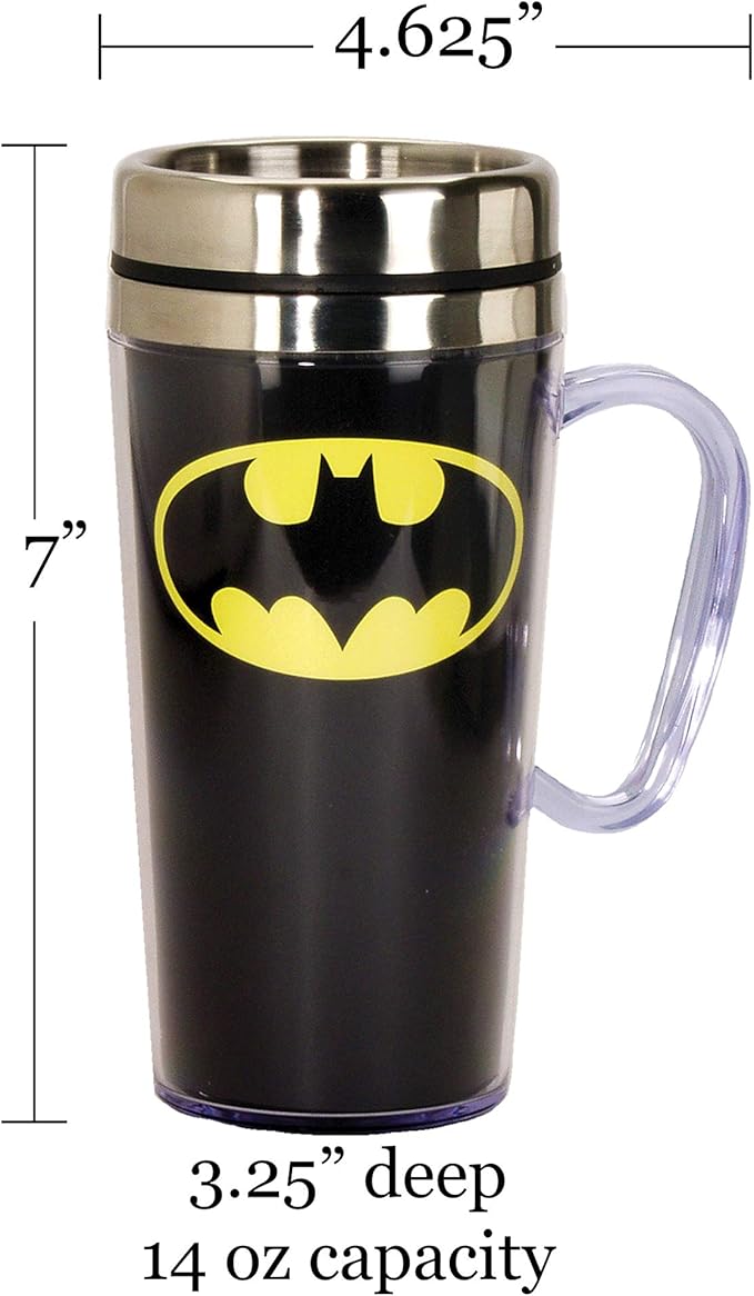Spoontiques - Insulated Travel Mug - Batman Logo Coffee Cup - Coffee Lovers Gift - Funny Coffee Mug - 14 oz - Black