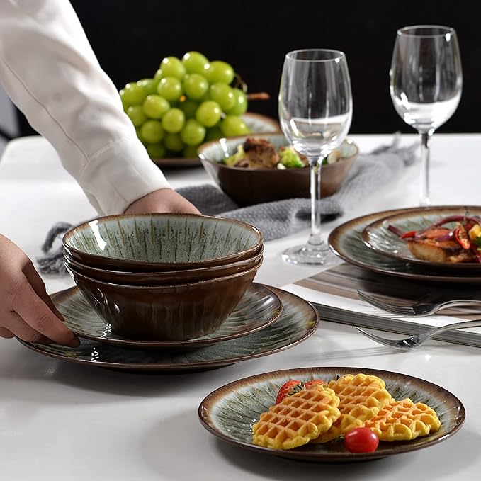 Melamine Dinnerware Sets for 4,12 Pcs Party Plates and Bowls Sets,Outdoor Use Harvest Dinner Dishes Set,Great for RVs Camping,Lightweight Unbreakable,Dishwasher Safe,Sage Green