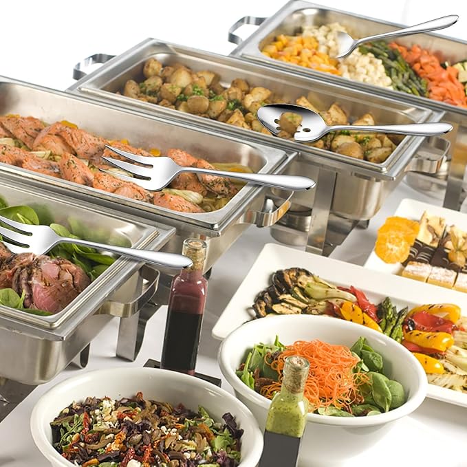Stainless Steel Serving Forks, E-far 4-Piece Metal Hostess Serving Utensils Set for Meat Catering Buffet Party Kitchen Restaurant, Non-toxic & Dishwasher Safe