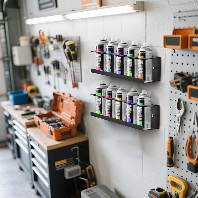 Spray Can Holder Organizer, 4 Pack Bottle Holder Wall-Mounted, Black Steel Spray Paint Can Rack Organizer for Garage, Shop, Home & Workspace