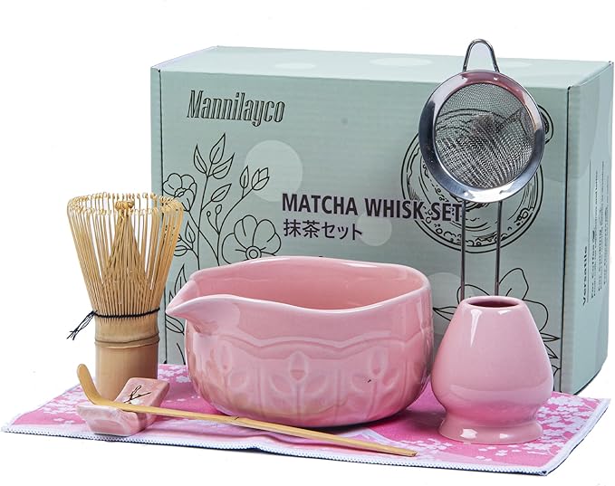 Matcha Whisk Bowl Set, 7PCS All-in-One Japanese Tea Set Includes Matcha Bowl with Spout, Bamboo Whisk (Chasen) with Stand, Scoop, Sifter, Complete Kit for Ceremony, Gift for Matcha Tea Lovers（Pink)