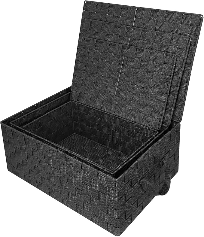 Sorbus Set of 3 Hand-Woven Storage Baskets with Lids – Mesh Design Organizers for Closet, Shelves, and Home Storage (Black)
