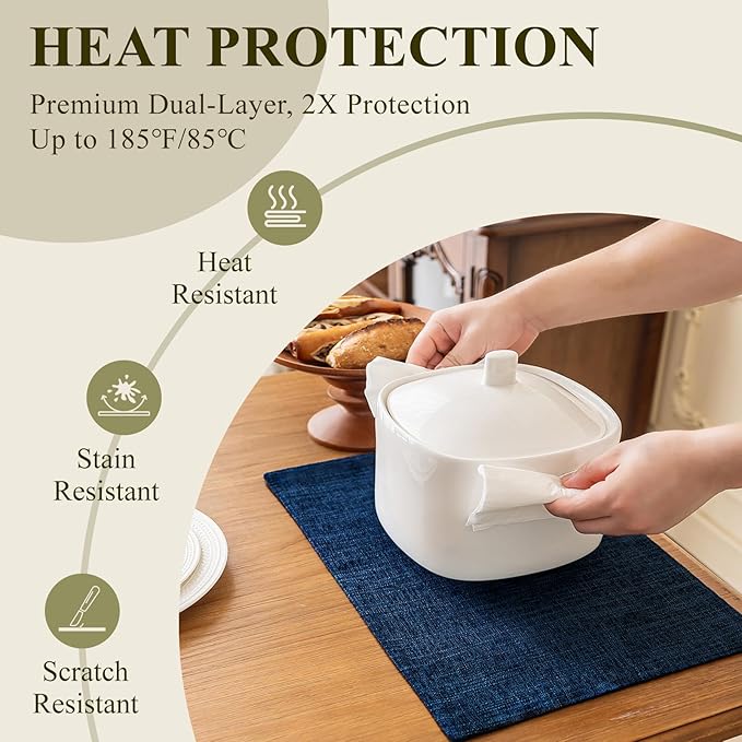 KXN Placemats Set of 8, Dual-Layer Thickened Faux Linen Table Mats, Heat Resistant & Wrinkle-Free, Machine Washable Cloth Place Mats for Kitchen Dining Indoor Outdoor (Navy Blue)