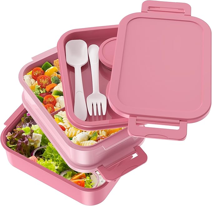 Jelife Bento Lunch Box for Adults - 3 Layers Leak-Proof Stackable Bento Box for Adults, 72oz Large-Style All-in-One Adult Lunchbox Bento Box with Utensil Accessories for Dining Out,Work, Pink