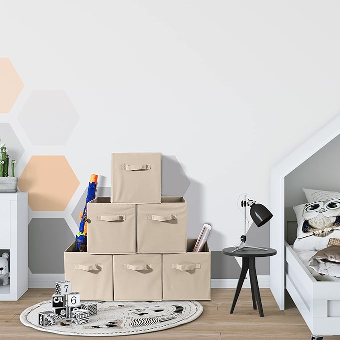 Sorbus Foldable Storage Cubes - 6 Fabric Baskets for Organizing Pantry, Closet, Shelf, Nursery, Playroom, Toy Box - 11 Inch Dual Handle Collapsible Closet Organizers and Storage Bins (Beige)