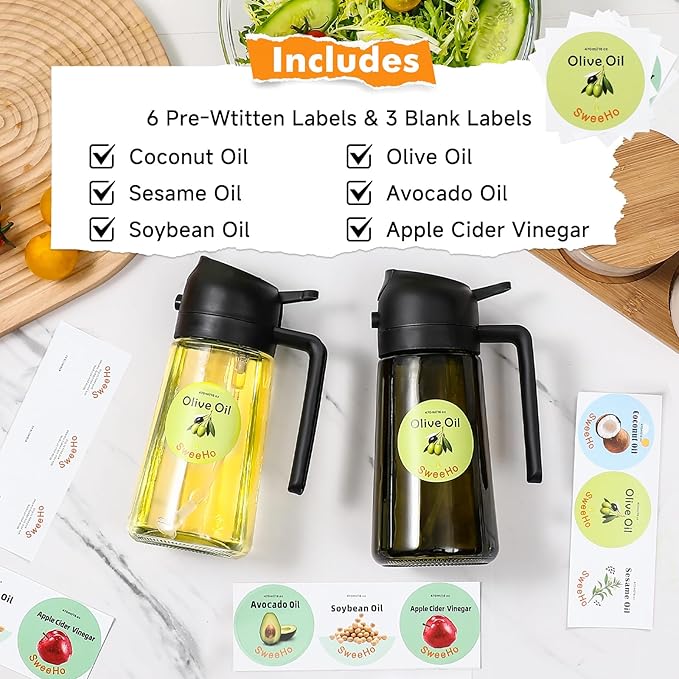 Oil Sprayer for Cooking,470ml Cooking Olive Oil Sprayer and Oil Dispenser 2 In 1, Food-grade Glass Oil Spray Bottle Mister for Air Fryer, BBQ, Griddle (Black+transparent glass and color label)