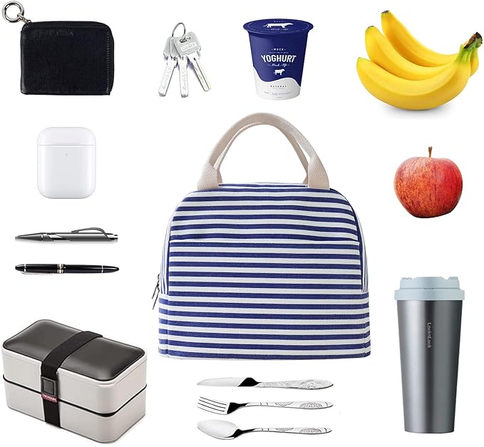 EurCross Blue and White Stripes Lunch Bag Women,Cooler Tote Bag Insulated Lunch Bento Box Bag, Canvas Portable Tote Thermal Bag for Adult Women and Men for Work
