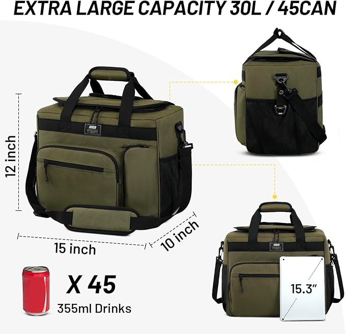 MIER 30L Extra Large Soft Cooler Bag with Bottle Opener for Camping Beach BBQ Grocery Golf Leakproof Picnic Lunch Bag, Collapsible, Top Flip Lid, 45Can (Dark Green)