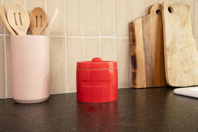 Bacon Grease Saver with Strainer - Ceramic Grease Container 1L Storage Canister | Holds Bacon Fat Drippings | Oil Keeper for Kitchen Counter Storage
