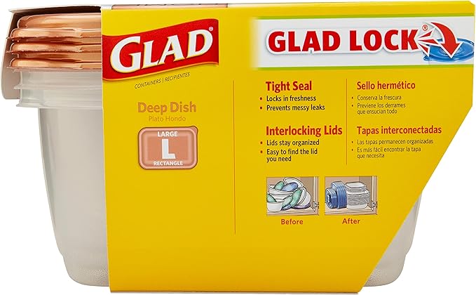 GladWare Home Deep Dish Food Storage Containers, Large Rectangle Holds 64 Ounces of Food, 3 Count Set | With Glad Lock Tight Seal, BPA Free Containers and Lids