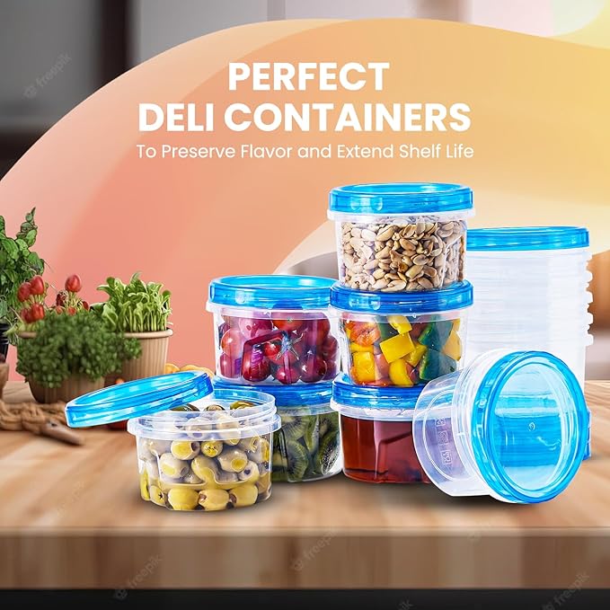 RFAQK Freezer Storage Containers with Lids-12 Plastic 32 oz Deli Containers with 12 Screw Lids-Freezer Containers for Soup with Twist Top Lids-Reusable Plastic Box for Lunch, Gym, Travel (24pcs-16oz)