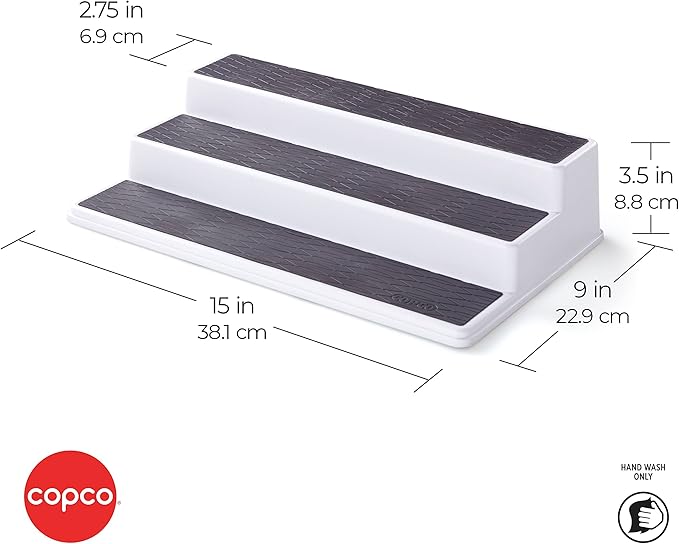 Copco 3-Tier Non-Skid Spice Rack Organizer for Kitchen Cabinet or Pantry, 15-Inch Tiered Shelf, White/Gray, Slip-Resistant Design for Jars and Bottles (Pack of 6)