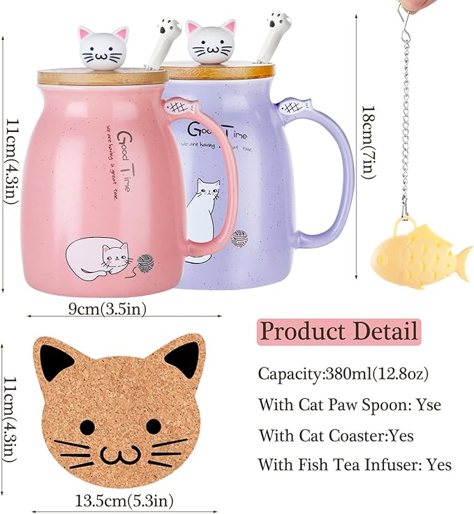 BigNoseDeer 2Pcs Kawaii Cat Mug Cute Tea Cup with Infuser Ceramic Coffee Mugs Cute Cool Preppy Stuff Gifts for Women Birthday Gifts for Cat lovers13oz