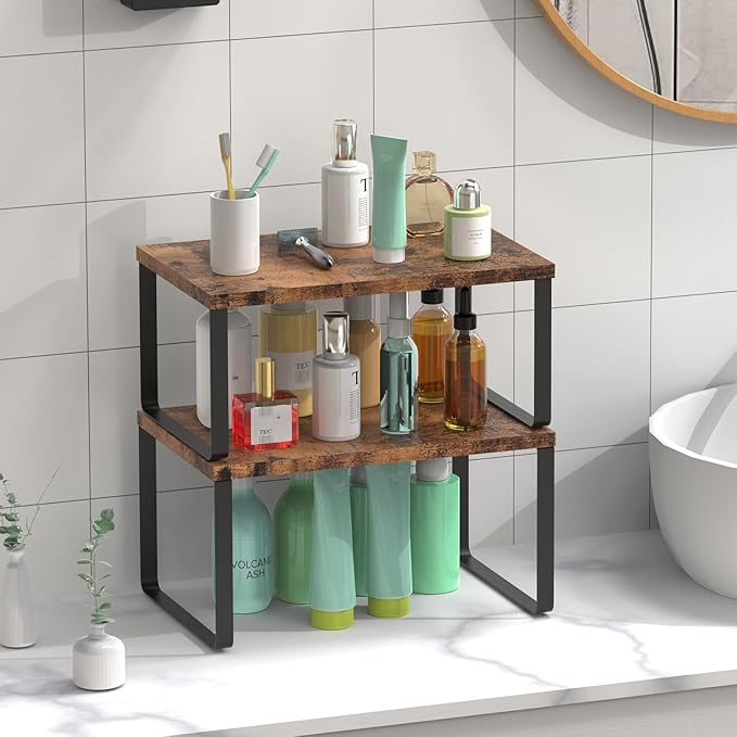 Set of 4 Counter Shelves Kitchen Stackable Cabinet Shelf Wood Organizer Expandable Counter Top Racks Brown Bathroom Counter organizer
