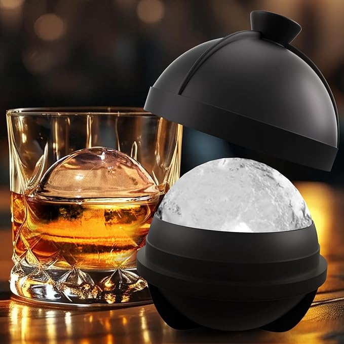Samuelworld Large Ice Ball Maker with Lid, 4 x 2.5 Inch Round Silicone Ice Ball Mold, BPA Free, Easy To Fill Round Silicone Ice Tray, Craft Ice Maker for Whiskey, Cocktails, Gifting - Black