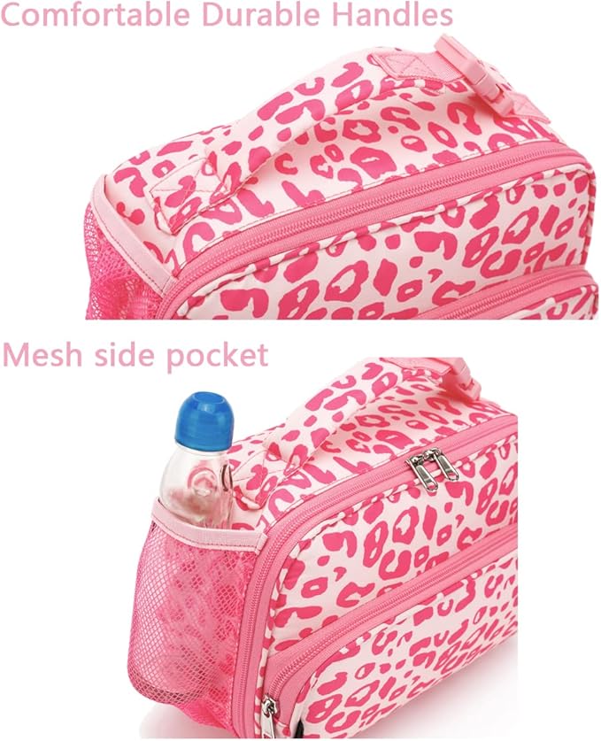 FlowFly Kids Lunch box with buckle Insulated Cooler Back to School Thermal Meal Tote Kit for Girls, Boys, Pink Cow