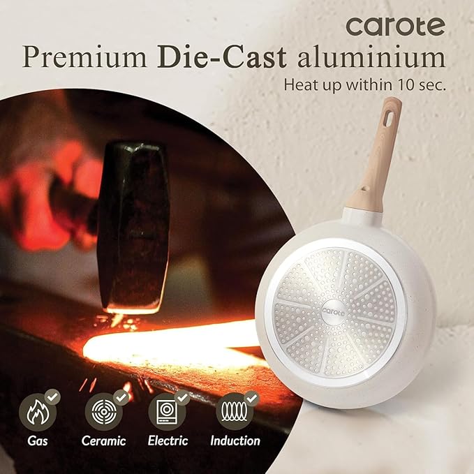 CAROTE Non Stick Frying Pan Skillet, Omelet Pan, Healthy Non Toxic Granite Chef Pan, Induction Compatible Egg Frying Pan with Heat-Resistant Handle, PFOA-Free, Cream White, 12"