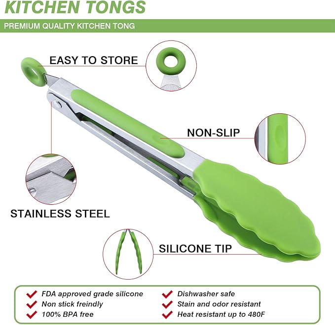 MSY BIGSUNNY Kitchen Food Tongs - 7" Mini Silicone Serving Tongs - Set of 3 (Green)