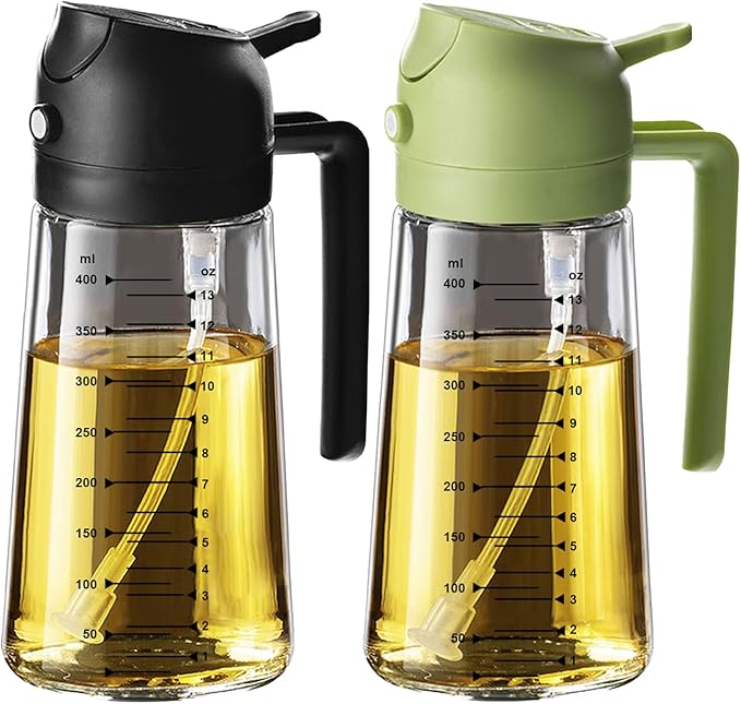 TrendPlain 16oz/470ml Glass Olive Oil Sprayer for Cooking – 2 in 1 Olive Oil Dispenser Bottle for Kitchen Gadgets and Air Fryer Accessories, Salad, BBQ - Black & Green