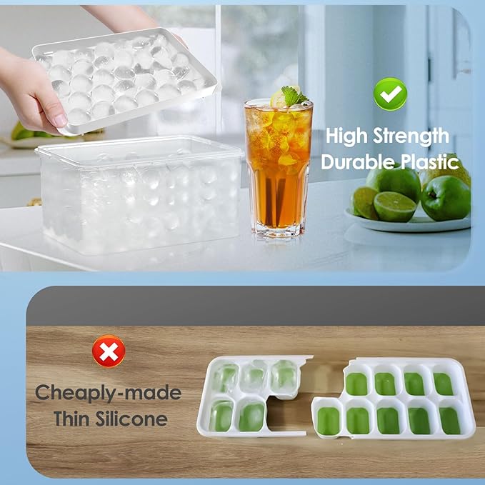 WIBIMEN Ice Cube Tray with Lid and Bin - Round Ice Trays for Freezer with Lid - Ice Cube Trays for Freezer with Ice Container (1"-2PACK White)