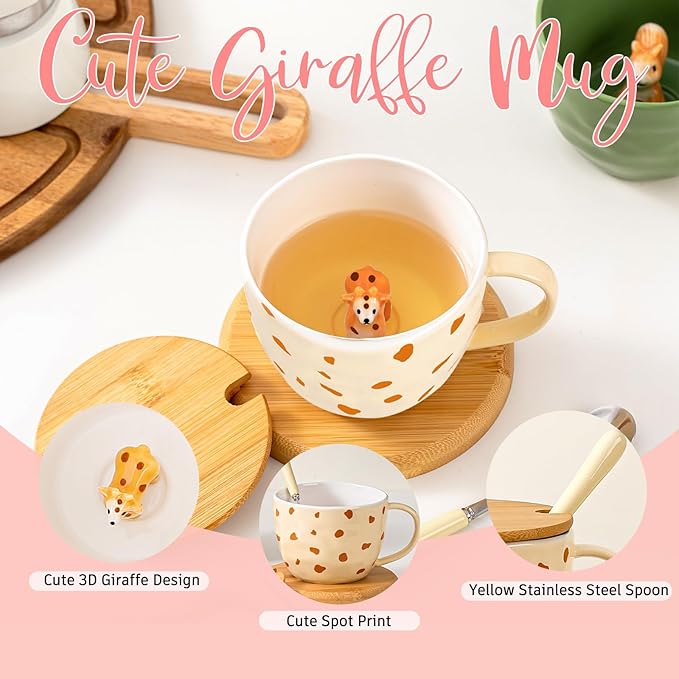 Giraffe Mug Cute Coffee Mug with 3D Animal Inside Ceramic Tea Cup with Lid Spoon Cool Animal Stuff Unique Friendship Birthday Gifts for Women Men Friend Coworkers Sister Kids Giraffe Christmas Gifts