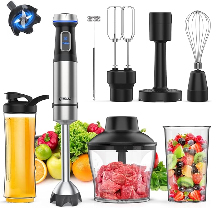 Ganiza Immersion Blender 8 in 1 Hand Blender Max 1000W Heavy Duty Motor, 16 Speed Mode Handheld Blenders Immersion Stainless Steel Sitck Blender Includes 8 Total Pieces