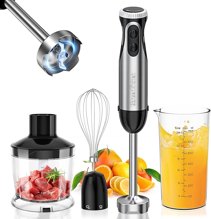 Hand Blender 4-in-1, Bonsenkitchen Stainless Steel 20-Speed Immersion Blender with Food Grinder Bowl, Measuring Mug, Egg Whisk for Smoothies, Baby Food, Sauces, Soups, Puree