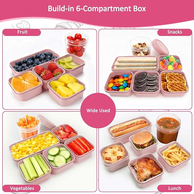 moleath Bento Box with 6 Removable Compartments Lunch Box, Microwave & Dishwasher Safe, Leakproof BPA-Free Snack Containers Ideal for Office, Picnic, Camping, Party, Travel, Pink