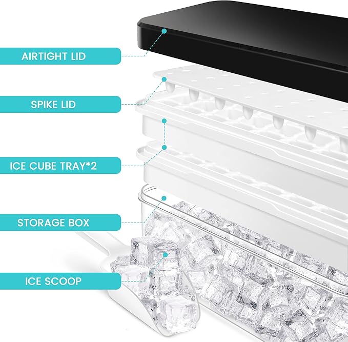 Ice Trays for Freezer with Lid & Bin, Ice Cube Tray Making 64 pcs Ice Cubes, Easy Press to Release Ice, Ice Tray with Storage Bin Chilling Cocktail Whiskey Coffee 2 Trays 1 Ice Bucket & Scoop (Black)
