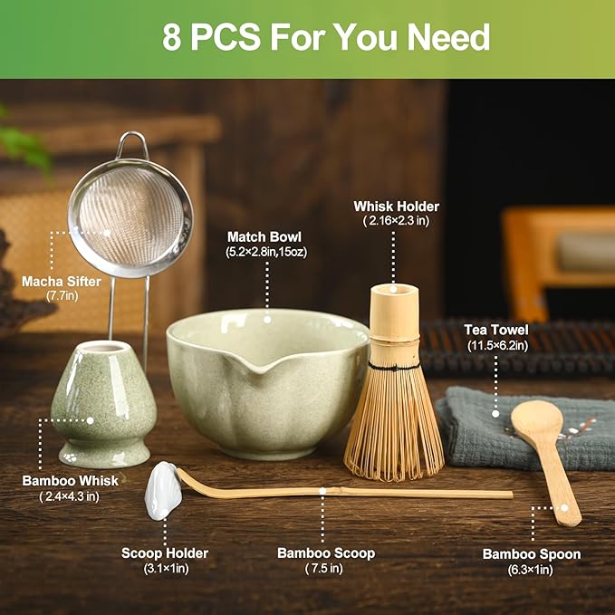Matcha Whisk Set, Green Matcha Set, 15 OZ Matcha Bowl with Spout, 8 PCS Perfect Matcha Kit for Making Latte Matcha Lover