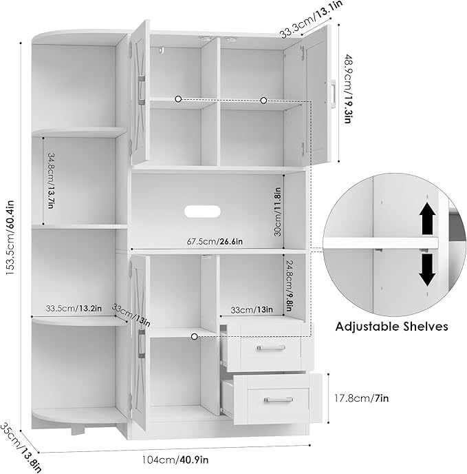 HOSTACK 60.4" Farmhouse Kitchen Pantry Storage Cabinet, Freestanding Hutch with Doors & Shelves, Buffet Sideboard with Microwave Stand, Coffee Bar with Drawers, Cupboard for Dining Room, White