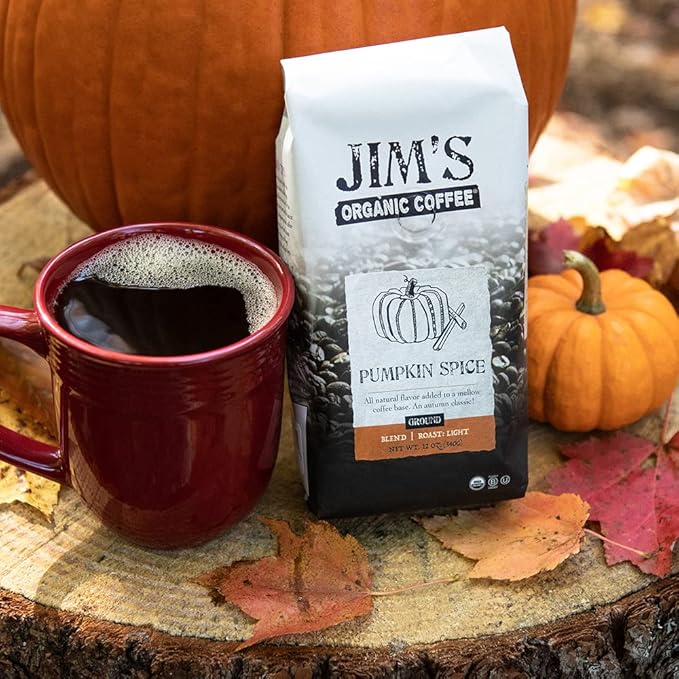 Jim’s Organic Coffee – Pumpkin Spice, All Natural Flavored Blend – Light Roast, Ground Coffee, 12 oz Bag